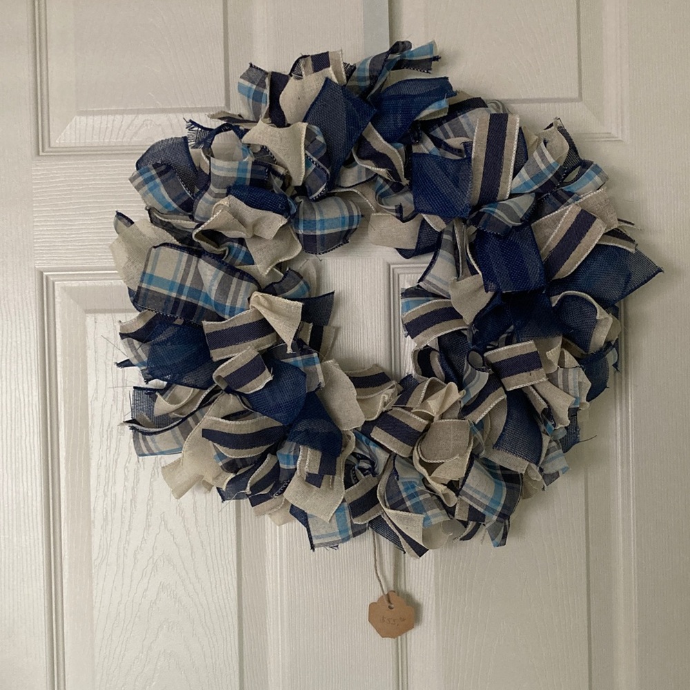 HANDMADE CHECKERED RIBBON WREATH BLUE IVORY BURLAP 18 INCHES STRIPES BEAUTIFUL